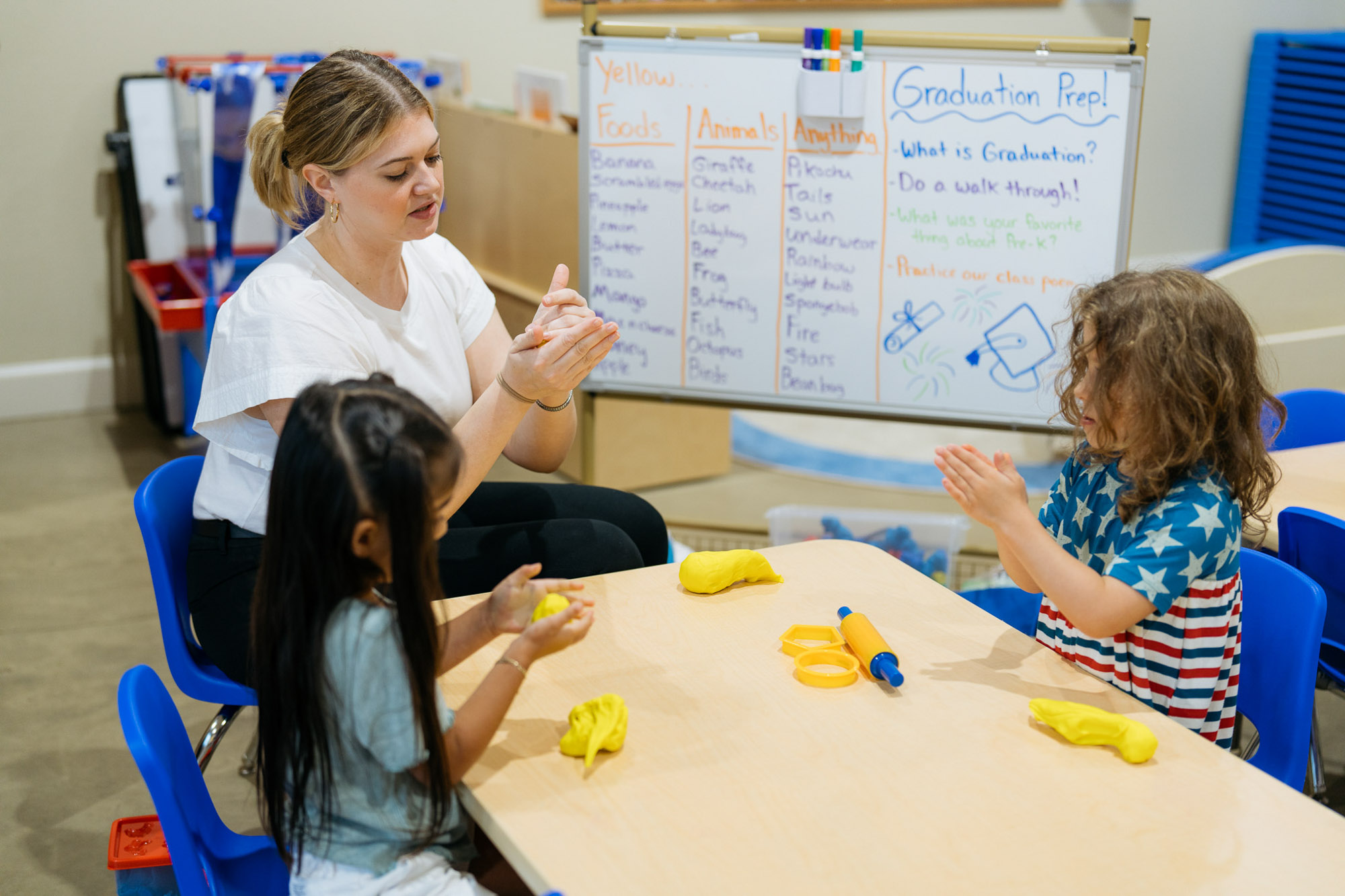Children and a teacher sit around a table playing with yellow dough.