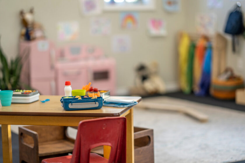 Classroom with lunch on a table.